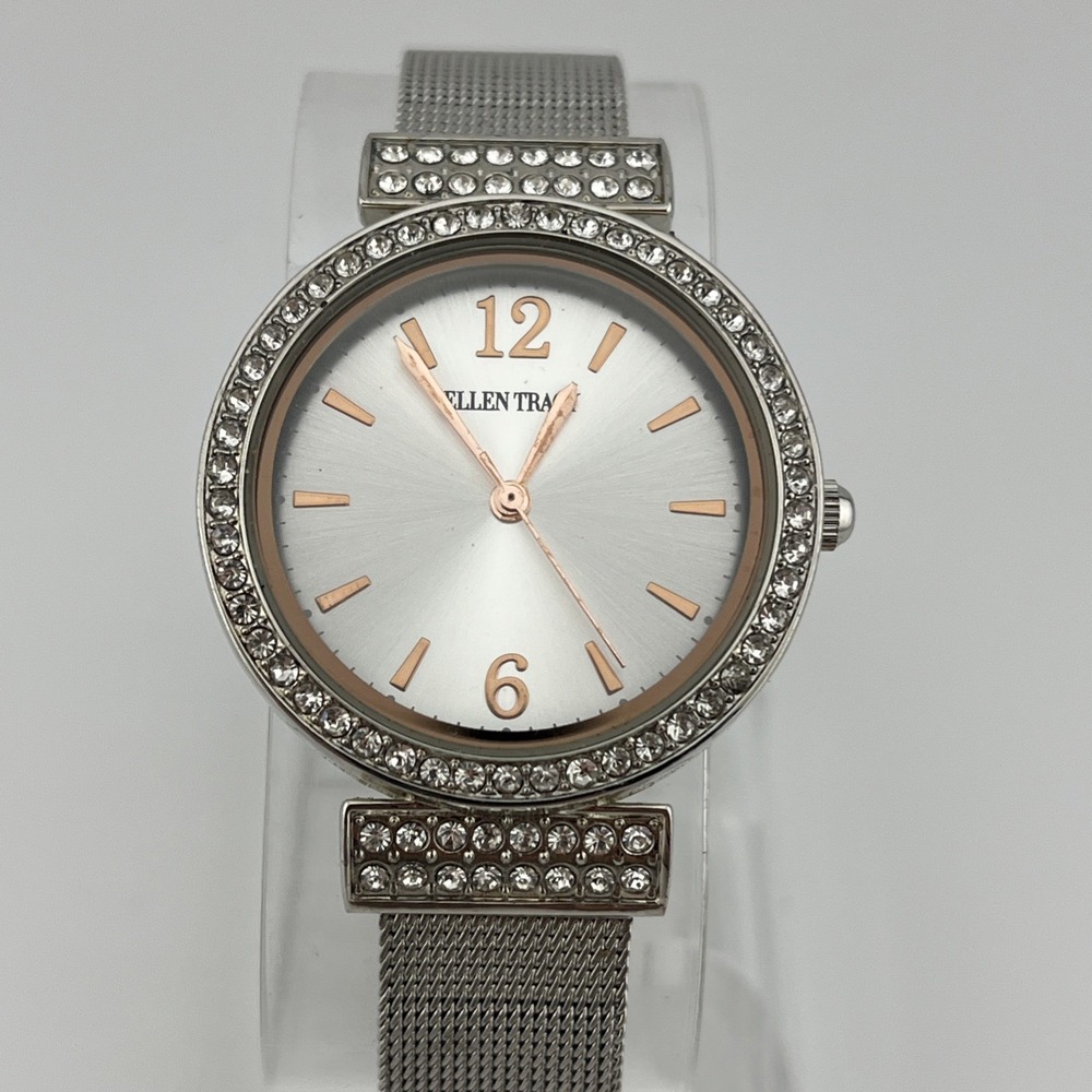 Ellen Tracy Watch Women 34mm Silver Case Crystals Mesh Metal Band- New Battery